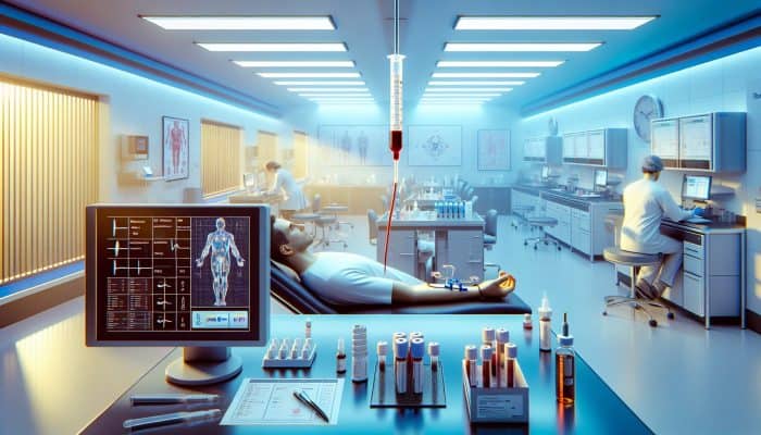 Testosterone Blood Test in Gosport: A phlebotomist draws blood from a patient in a modern clinic, surrounded by sterile equipment and health posters.