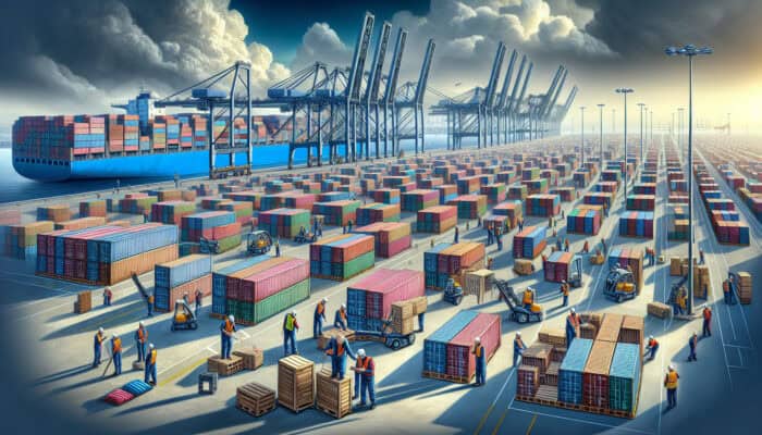 Packing Optimization Tips for Clearance: Workers at Port of Felixstowe pack shipping containers with neatly stacked goods, optimising space under towering cranes and a cloudy sky.