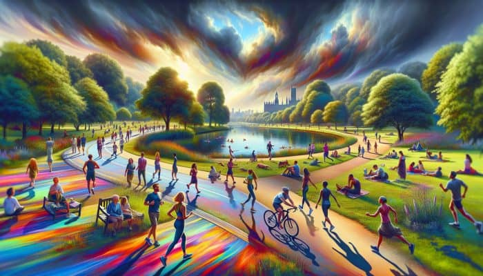 A lively UK park scene under cloudy skies, featuring diverse individuals engaging in activities such as walking, cycling, swimming, practicing yoga, running, and gardening.