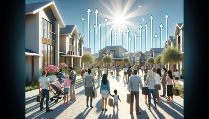 Vibrant street in Aliwal North: modern entry-level homes under construction, diverse families viewing properties, rising arrows symbolizing market growth under sunny sky.