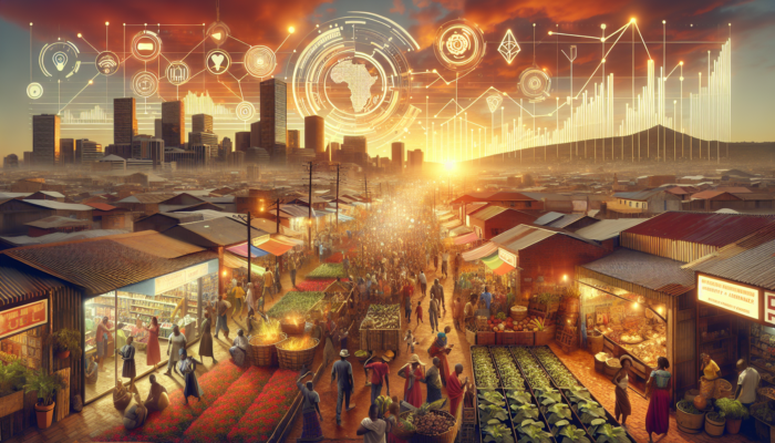 South African buyers navigating economic trends: urban shoppers amid rising costs and tech in Johannesburg, rural villagers adapting digitally under a golden sunset.
