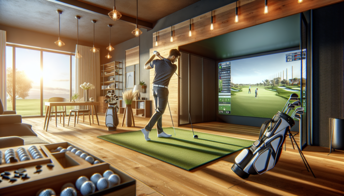 A focused golfer practices on a state-of-the-art indoor simulator in a contemporary South African home.