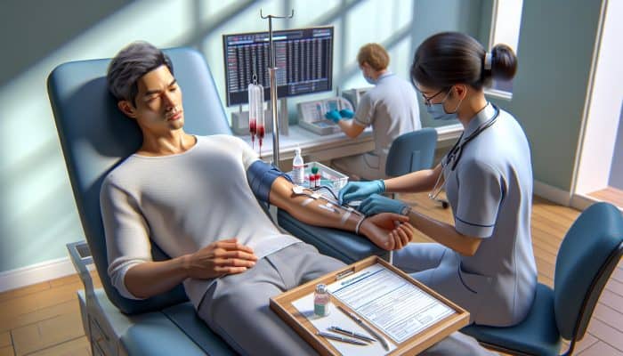 In a modern Wokingham clinic, a phlebotomist draws blood from a relaxed patient's arm with sterile tools and a questionnaire nearby.