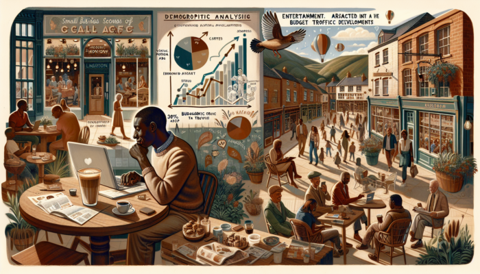 Honiton business owner analyses demographics on laptop with ad sketches, budget charts, and 30% café growth symbols.