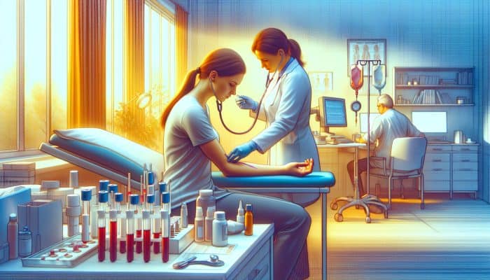 Thyroid Blood Test in Berkhamsted: A doctor draws blood from a relaxed patient's arm in a modern Berkhamsted clinic, surrounded by hormone charts and medical tools.