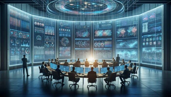 Analysts in a war room examine holographic graphs of conversion rates and ROAS under soft blue lighting.