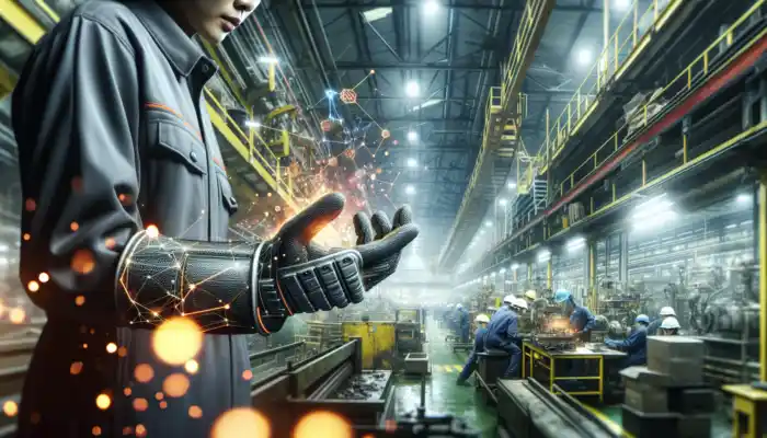 Safety Gloves in Maidenhead: A worker in a bustling UK factory wearing durable safety gloves for protection against cuts, chemicals, and abrasions while gripping tools in a well-lit environment.
