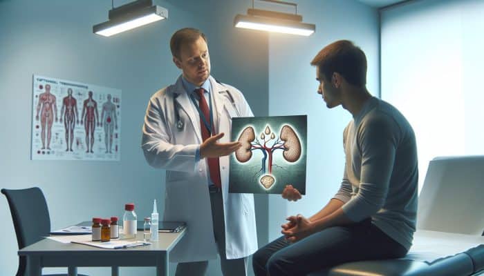A doctor in a white coat explains cortisol testing to a seated patient in a UK hospital room, holding an adrenal chart with blood vials and laptop nearby.
