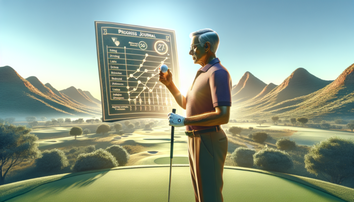 Senior golfer in Pretoria's sunlit fairways reviews progress journal, holding club, with scenic hills in background.