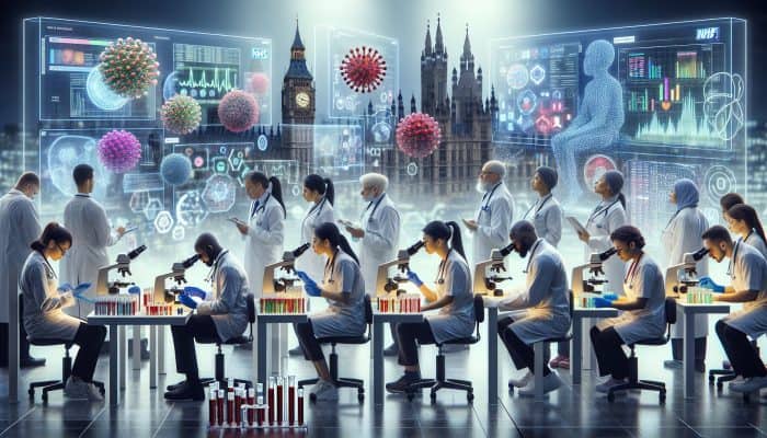 In a busy NHS lab in London, diverse professionals analyse blood samples under microscopes, with screens displaying results for disease detection.