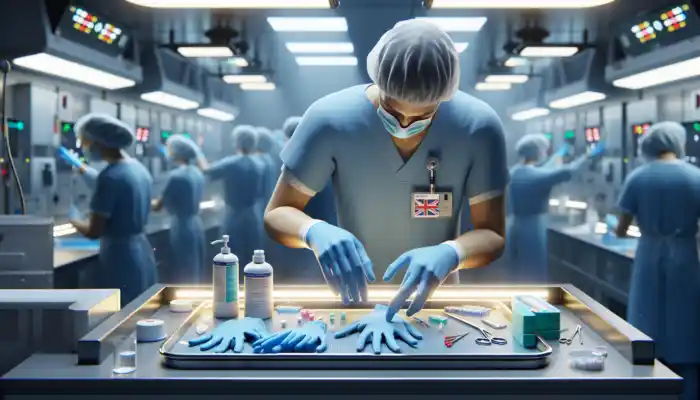 A focused UK healthcare worker in an NHS sterile lab changing blue gloves, with posters on safety change frequency guidelines.