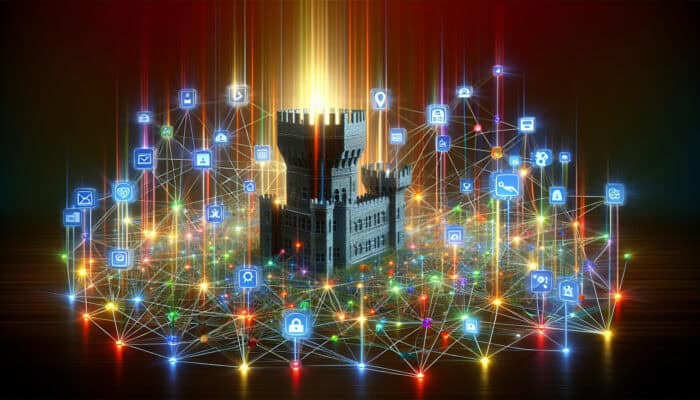 Glowing backlinks radiating from diverse sources form a fortified network around a central website, with colorful anchor texts and content icons symbolizing SEO authority.