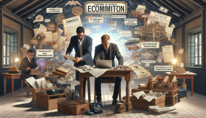 Entrepreneur in Taunton sets up WooCommerce store on cluttered desk with UK payment screens, documents, mentor, and Vintage Emporium sign.