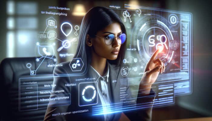 A focused virtual assistant in a modern office analyses website SEO on a glowing screen, surrounded by holographic meta tags and charts showing strengths and weaknesses.