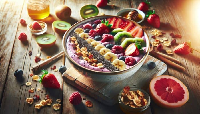 A vibrant smoothie bowl with berry-banana base, topped with strawberries, kiwi, granola, chia seeds, and honey on a wooden table.