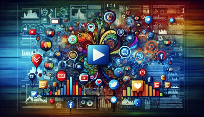 A digital dashboard displays video metrics like views, likes, shares, and comments, with graphs for watch time, retention, and branded content icons.