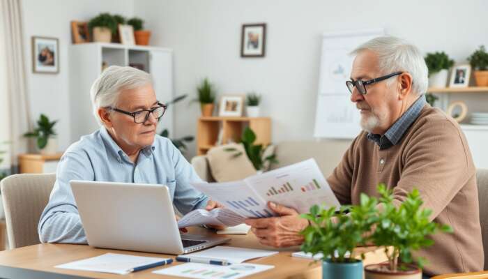 Elderly couple analysing financial documents and charts on a laptop in a cozy living room, symbolising secure retirement planning.