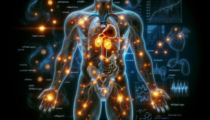 Cortisol Blood Test in Long Eaton: Illustration of adrenal glands releasing glowing cortisol into bloodstreams, symbolizing stress effects on metabolism and immunity.