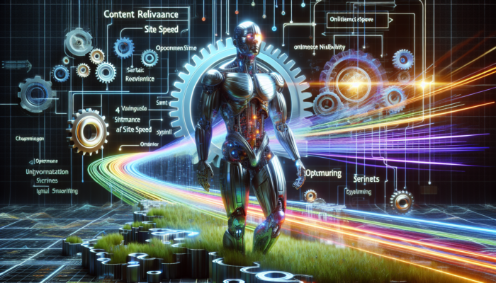 A digital gatekeeper representing a search engine algorithm in a bustling UK e-commerce scene, with gears for content relevance and site speed, directing data traffic to optimized small business websites.