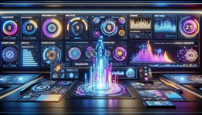 A futuristic digital dashboard showcasing rising engagement rates, accuracy scores, and resolution times for AI chatbots with holographic elements.