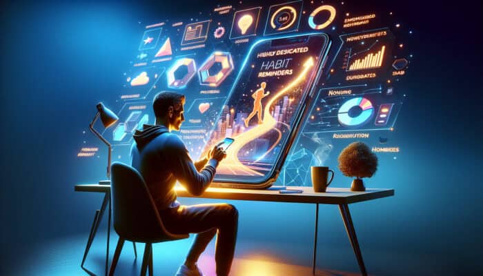 A focused individual at a modern desk interacts with a glowing smartphone app showing habit reminders, progress charts, and symbols like a jogging path and coffee mug.