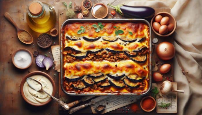 How to Make a Creamy Greek Moussaka: Golden baked Greek moussaka with layers of roasted eggplant, seasoned minced meat, creamy béchamel sauce, spices, and fresh herbs.