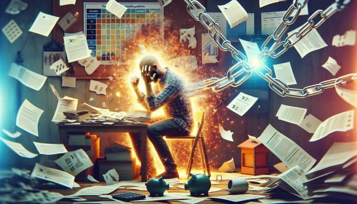 A frustrated borrower trapped in glowing chains labeled "hidden fees" and "early repayment charges," surrounded by scattered documents and broken piggy banks in a dimly lit, cluttered office.