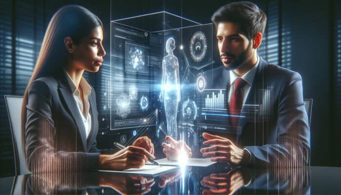 A diverse client and virtual assistant review holographic documents on project timelines and agreements in a modern office, symbolising trust and collaboration.