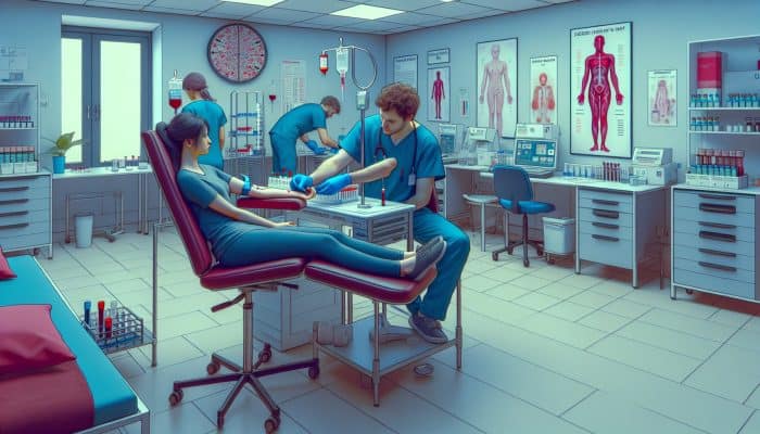 Illustration of a nurse in blue scrubs drawing blood from a patient's arm in a modern UK NHS clinic with laboratory equipment and health posters.