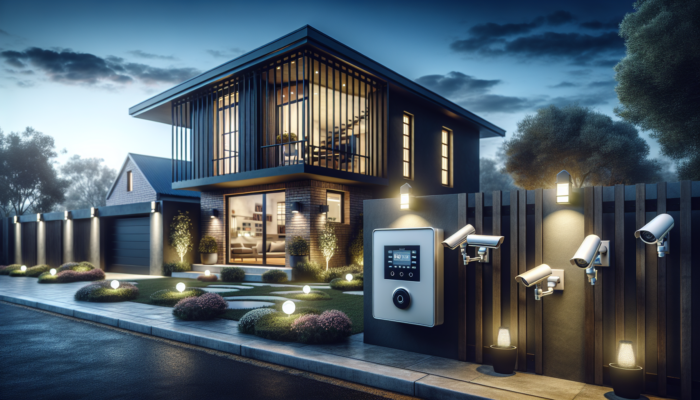 Modern Sandton home at dusk with burglar bars on windows, security cameras, glowing motion-sensor lights, and an alarm panel, highlighting essential safety features.