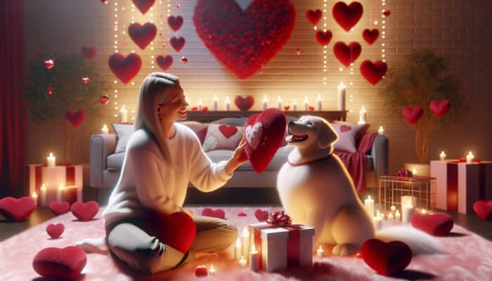 Valentine Pet Gifts: Joyful dog and owner sharing a personalized toy, surrounded by red hearts and cozy decor, evoking Valentine's Day affection.