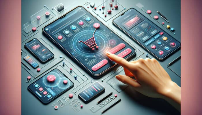 A modern smartphone screen shows a responsive e-commerce app with large touch-friendly buttons and vertical layout, as a user taps the checkout icon surrounded by tablets and laptops for testing.