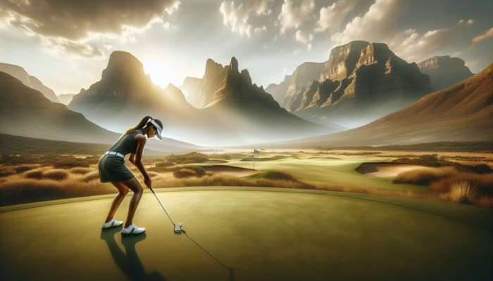 Choosing the Right Putter Length: A golfer on South Africa's rugged Highveld swings a longer putter on Sun City's undulating greens, with mountains and golden sunlight.