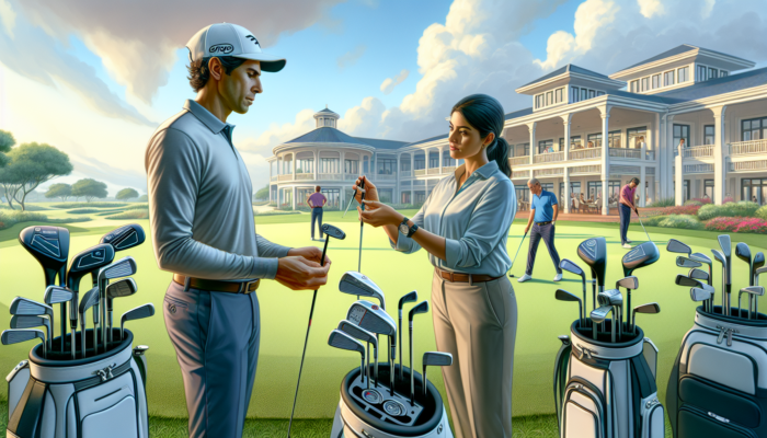 A professional golfer at Durban Country Club receiving a custom putter fitting on a lush green fairway, with a specialist making equipment adjustments.