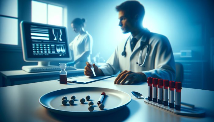 A patient in a modern UK clinic prepares for a testosterone blood test after fasting, with an empty plate nearby, as a focused doctor draws blood using precise equipment under soft lighting.