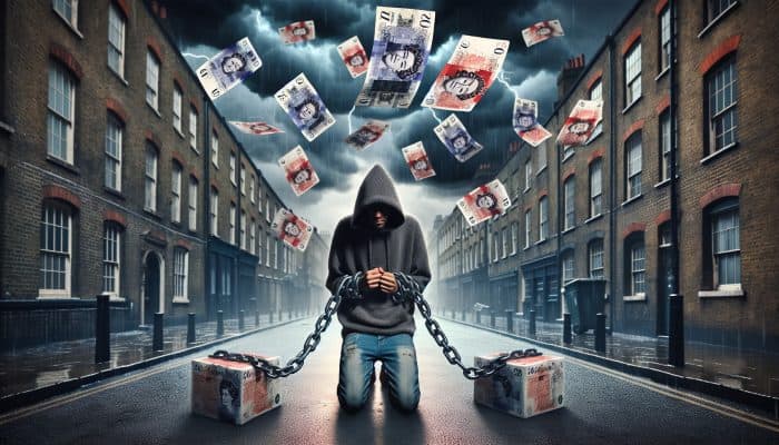 Stressed individual entangled in chains of pound notes and loan contracts on a rainy London street, with dark clouds overhead.