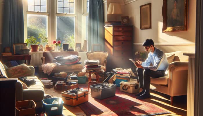 High-Speed Techniques for House Clearance: A person in a sunlit UK living room organises clutter: categorising antique furniture, stacking electronics, and sorting clothes.