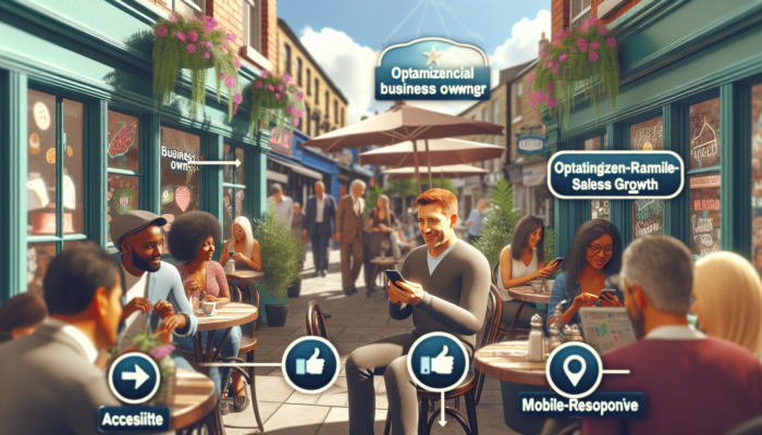 A bustling UK high street scene: Small business owner in a cafe optimizes mobile website on smartphone, with customers browsing.