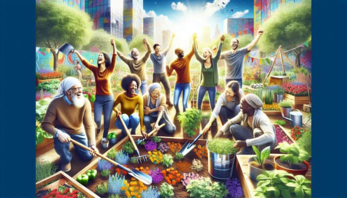 Diverse people of all ages in a vibrant urban garden, planting flowers and vegetables while sharing tools and laughing under a sunny sky.