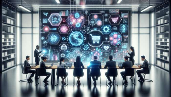 Experts in a modern lab analyzing holographic charts, graphs, and e-commerce icons like shopping carts for retail growth strategies.