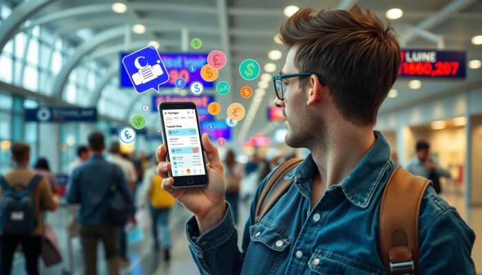 A traveler in a bustling airport holds a smartphone displaying Revolut and TransferWise apps with real-time exchange rates and floating currency icons.