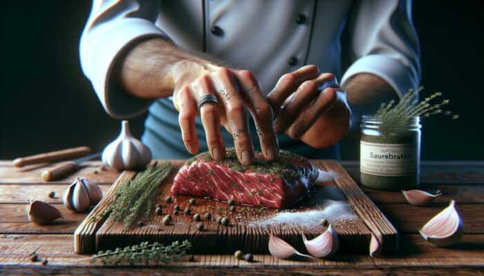 A chef's hands pat dry marinated beef on a wooden board, then sprinkle salt, black pepper, and herbs like thyme and rosemary for sauerbraten.