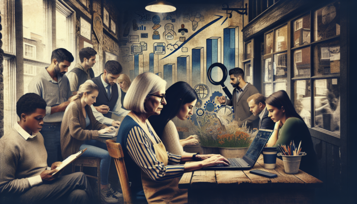 Business owner in Cirencester shop typing blog on laptop, locals viewing content, with rising SEO graphs and regional maps showing growth.