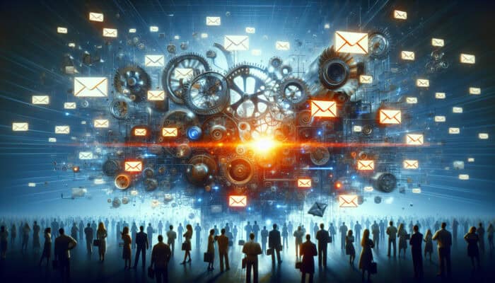 A digital marketing hub with glowing emails soaring from a clockwork system, personalized content, rising graphs, and engaged diverse users.