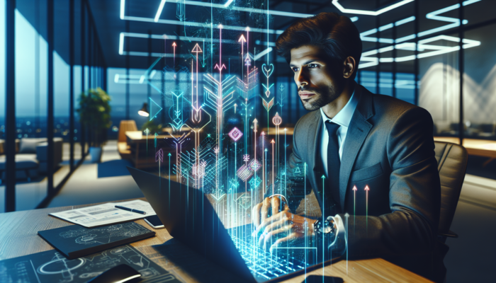 A focused entrepreneur in a modern Radstock office analyses laptop graphs of website traffic, rising conversion rates, and engagement metrics showing growth.