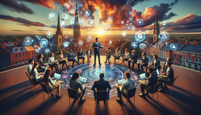 A diverse team of experts discussing social media strategies on laptops against the scenic backdrop of Shaftesbury's Gold Hill at sunset, surrounded by digital icons.