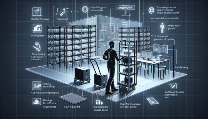 Worker in a modern UK warehouse uses adjustable trolley and anti-slip mats to safely handle fragile glassware, ensuring ergonomic compliance.