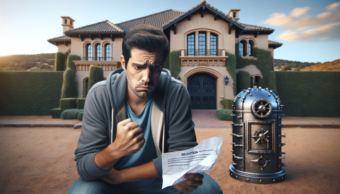 A stressed first-time homebuyer in Carletonville stands outside a suburban house, holding a rejected mortgage letter, with a bank vault in the background.