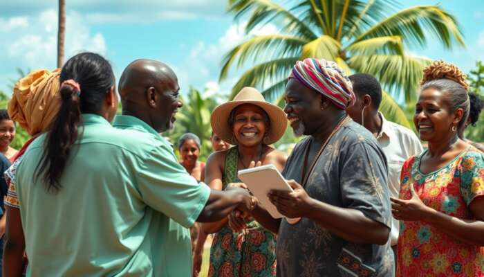 Diverse Belizean villagers exchanging warm handshakes and smiles, standing close while an elder shares stories under a tropical sky.