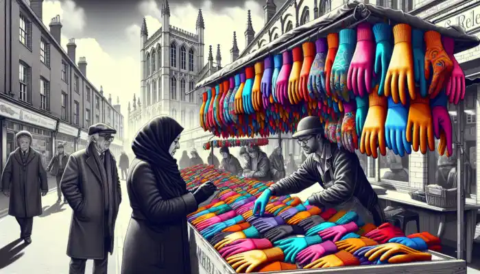 A shopper inspects colourful gloves at a lively Leicester market stall, with historic brick buildings and a grey sky in the background.